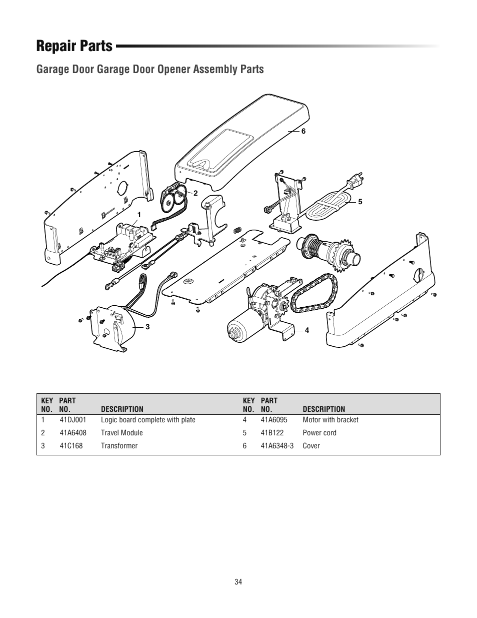 Garage door garage door opener assembly parts, Repair parts | Chamberlain 3800PLD User Manual | Page 34 / 36