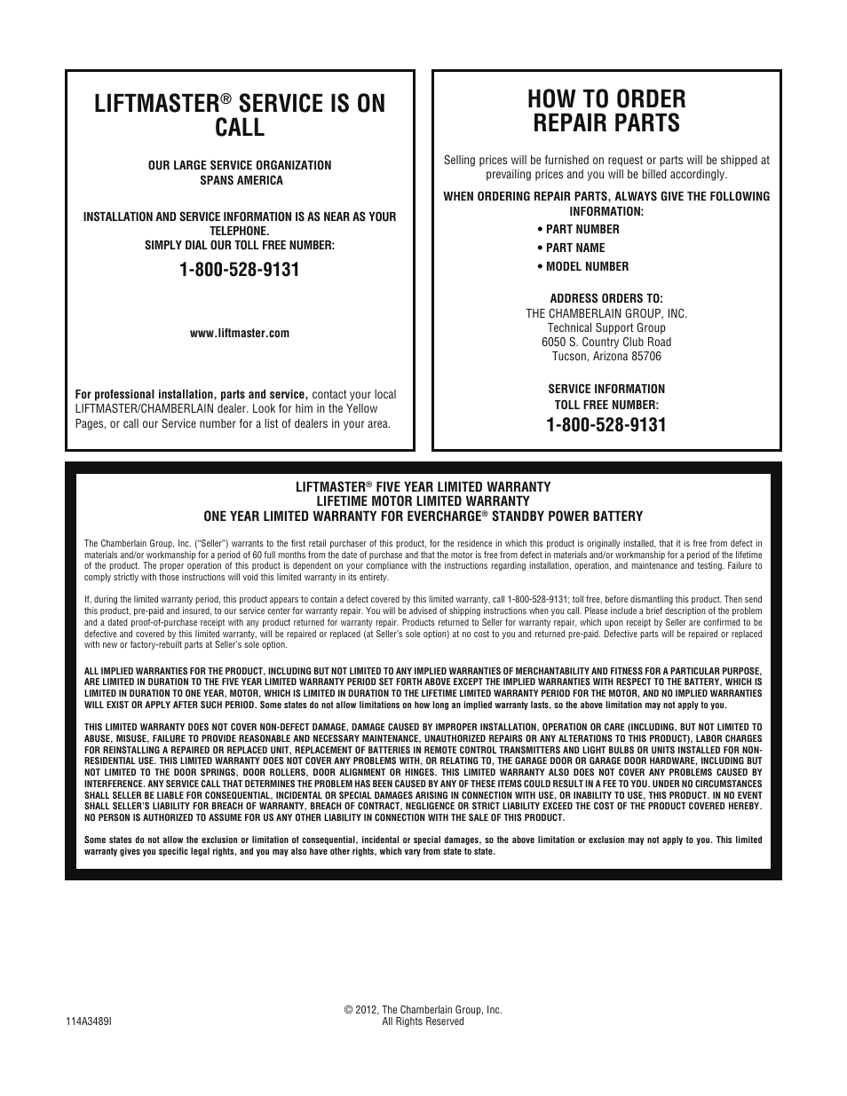 Liftmaster® service is on call, How to order repair parts, Warranty | Liftmaster, Service is on call | Chamberlain 3800PLD User Manual | Page 36 / 36