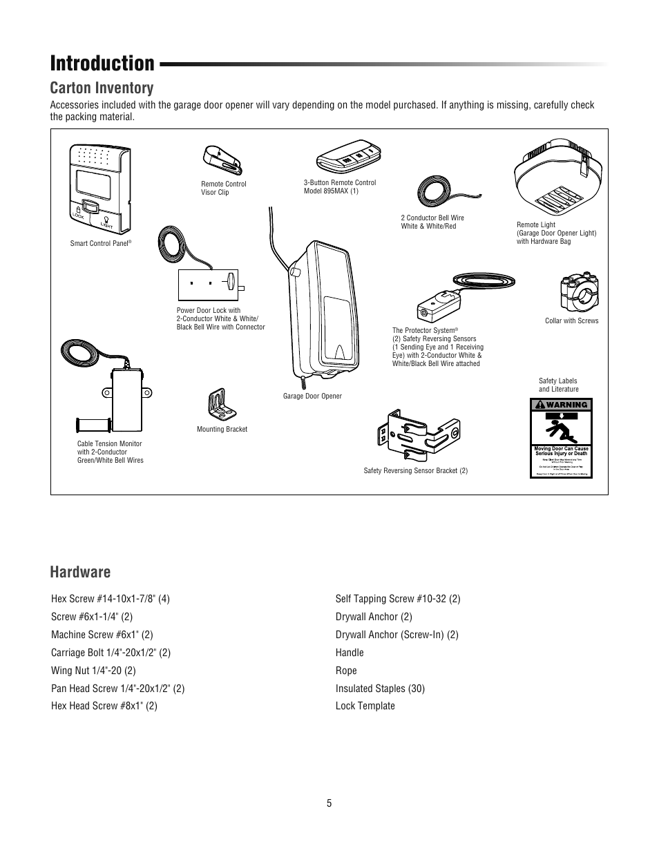 Carton inventory, Hardware, Introduction | Chamberlain 3800PLD User Manual | Page 5 / 36