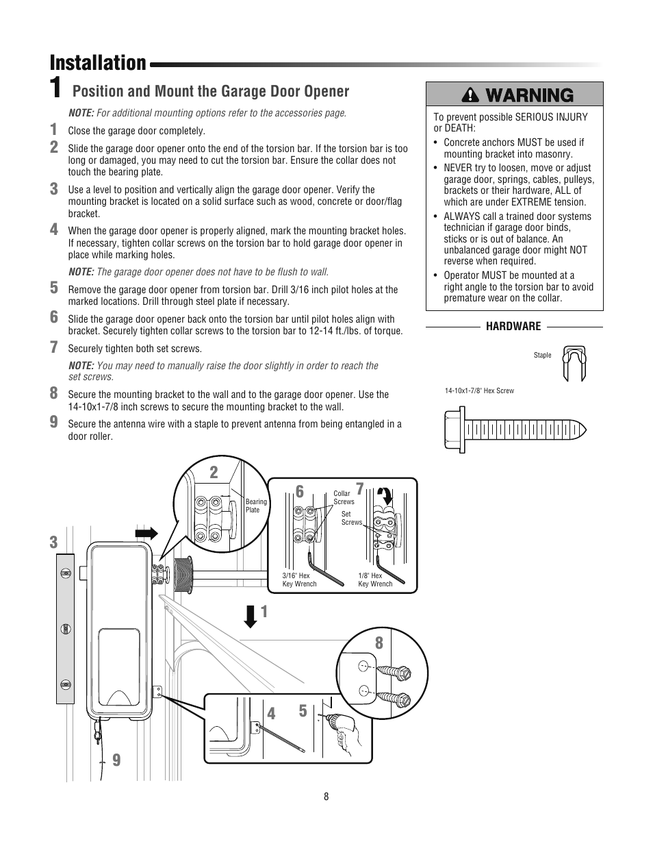 Position and mount the garage door opener, Installation | Chamberlain 3800PLD User Manual | Page 8 / 36