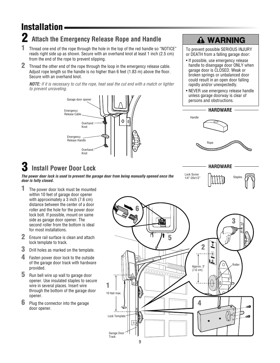 Attach the emergency release rope and handle, Install power door lock, Installation | Chamberlain 3800PLD User Manual | Page 9 / 36