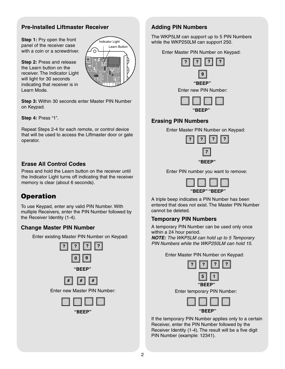 Operation | Chamberlain WKP5LM User Manual | Page 2 / 4