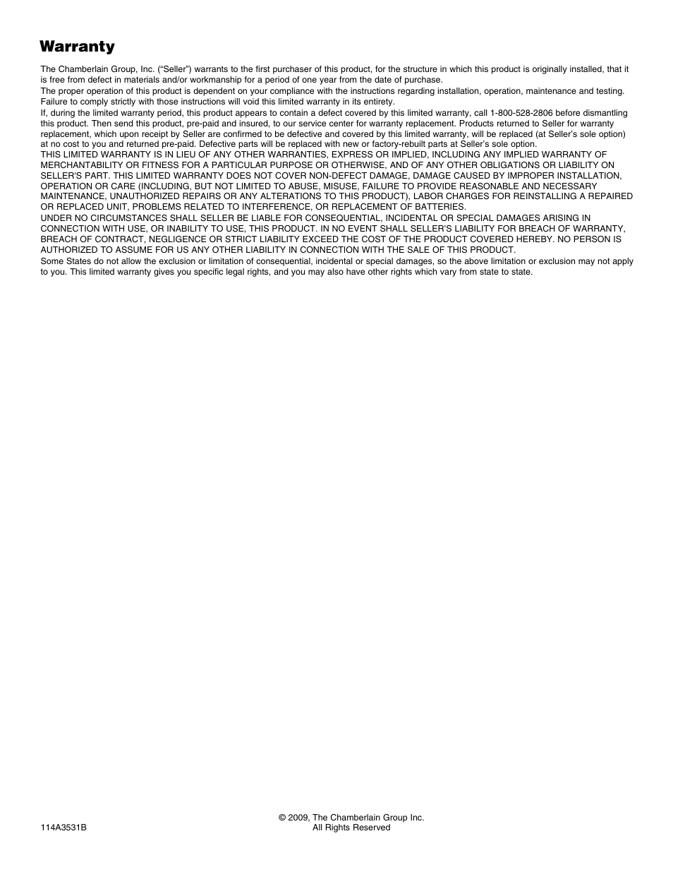 Warranty | Chamberlain WKP5LM User Manual | Page 4 / 4