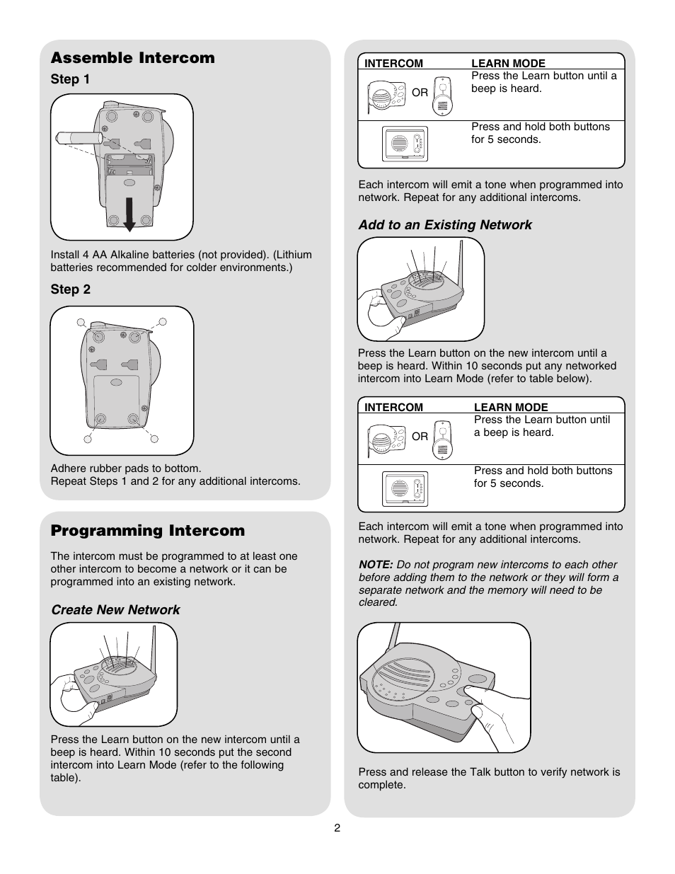 Assemble intercom, Programming intercom, Add to an existing network | Chamberlain CARTON INVENTORY RWIS User Manual | Page 2 / 4