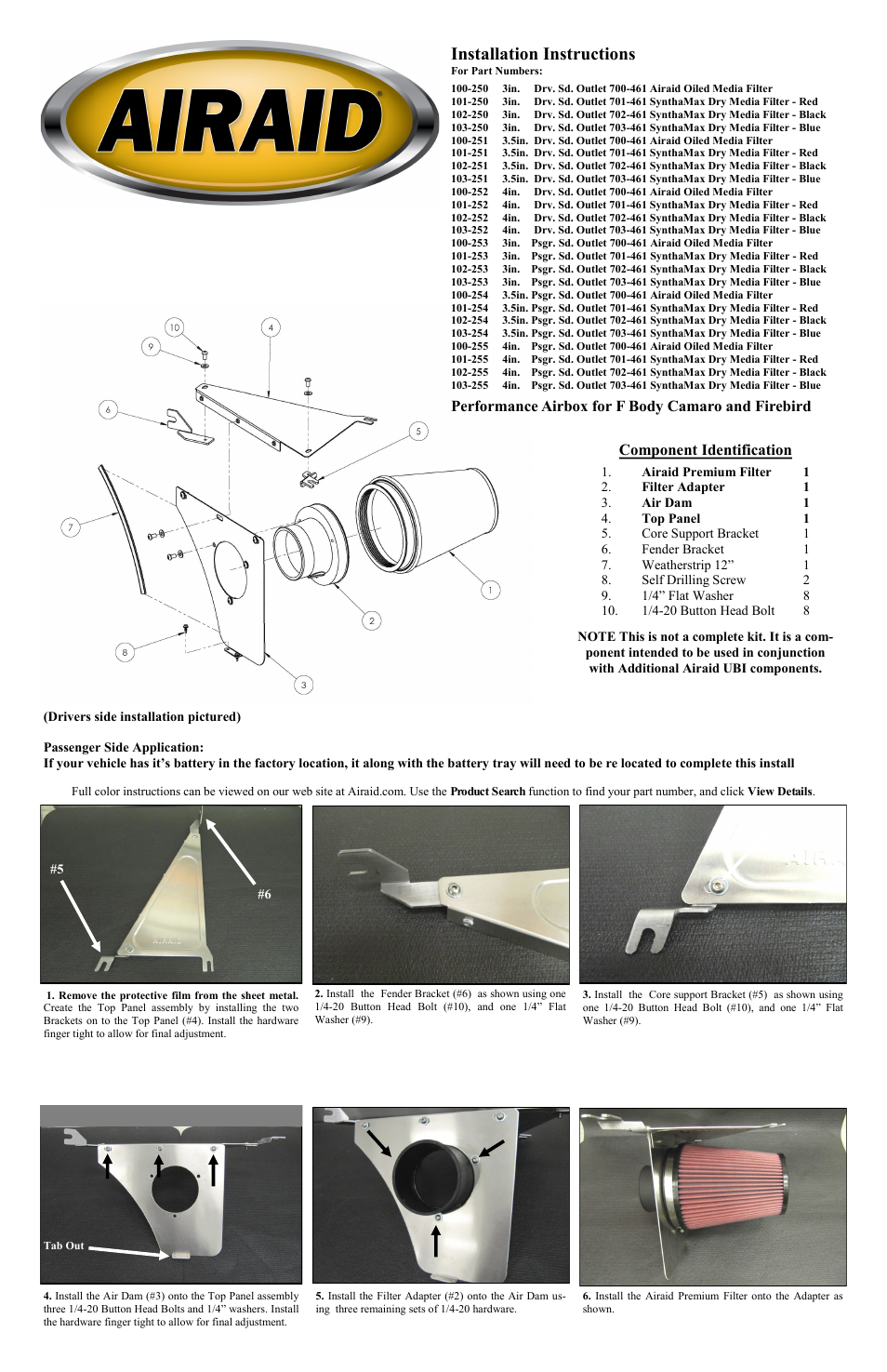 Airaid 100-250 User Manual | 2 pages