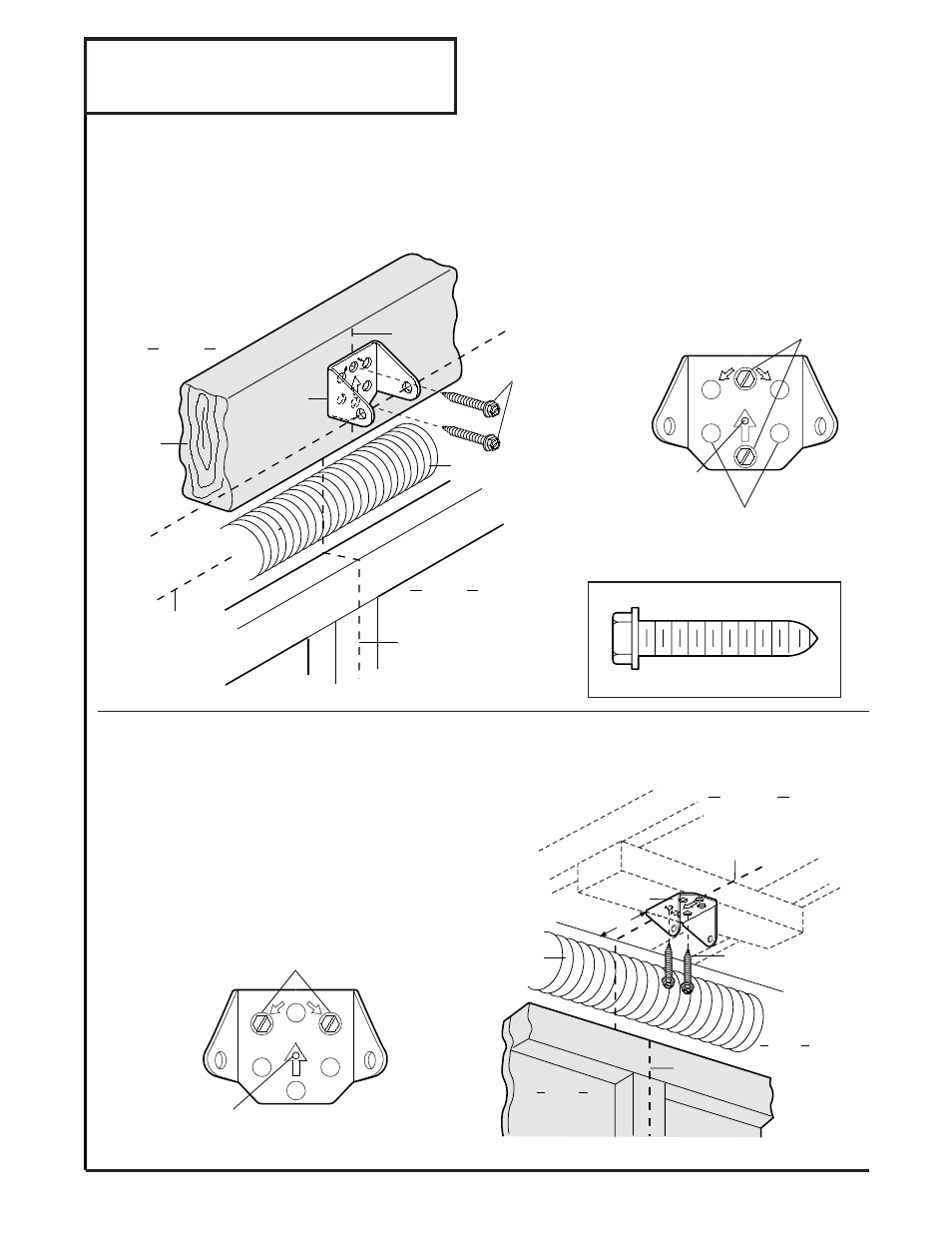 Install header bracket, Installation step 2, Install the header bracket | Fasten the header bracket to the wall, Fasten the header bracket to the ceiling, Hardware shown actual size | Chamberlain 985 User Manual | Page 10 / 36