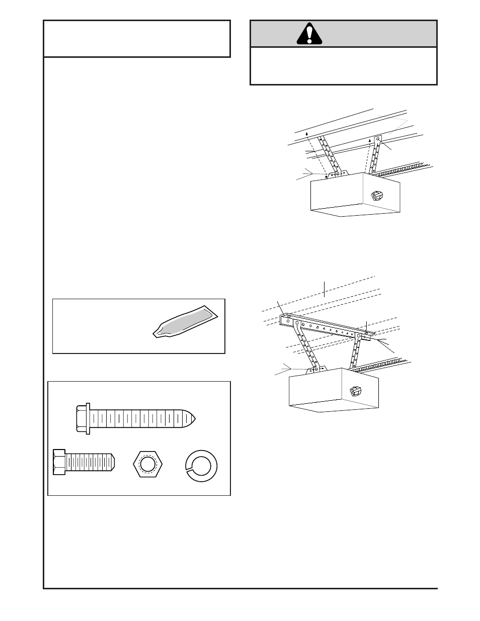 Hang opener, Warning, Installation step 5 | Hang the opener, Figure 1 figure 2 | Chamberlain 985 User Manual | Page 13 / 36