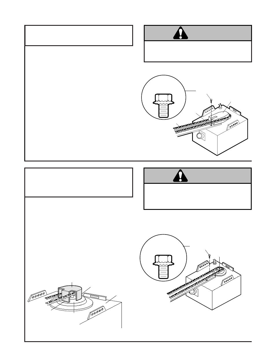Assembly section, Attach t-rail to opener, Attach chain to sprocket | Install sprocket cover, Caution, Warning, Assembly step 1, Assembly step 2, Attach the t-rail to the opener, Proceed to assembly step 3, page 7 | Chamberlain 985 User Manual | Page 6 / 36