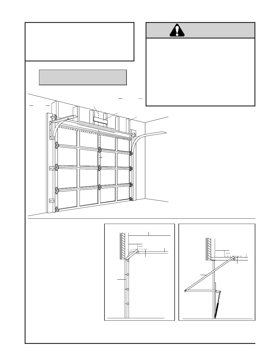 Installation section, Determine header bracket location, Sectional & 1-piece door w/ track | Warning, Installation step 1, Proceed to step 2, page 10 | Chamberlain 985 User Manual | Page 8 / 36