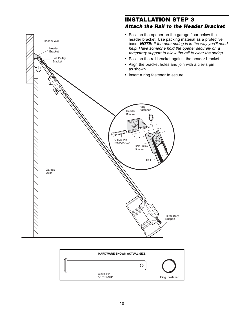 Step 3 attach the rail to the header bracket, Installation step 3, Attach the rail to the header bracket | Chamberlain 3850 User Manual | Page 10 / 40