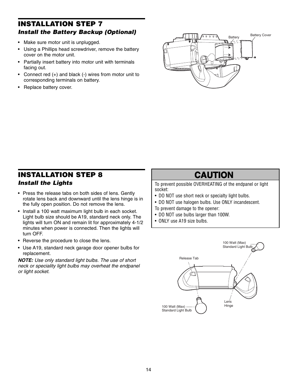 Step 7 install the battery backup (optional), Step 8 install the lights, Warning caution warning warning | Installation step 7, Installation step 8 | Chamberlain 3850 User Manual | Page 14 / 40