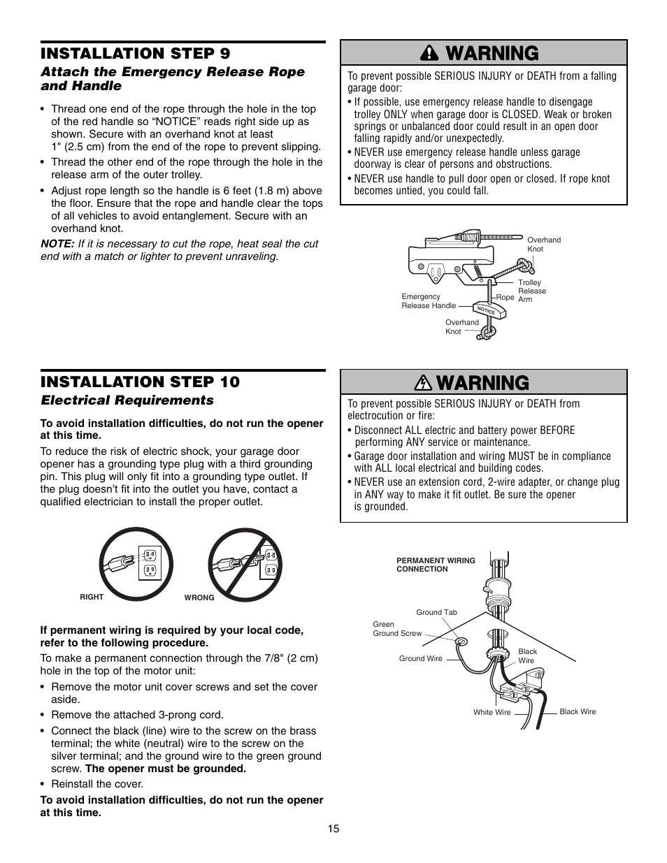 Step 10 electrical requirements, Installation step 10, Installation step 9 | Chamberlain 3850 User Manual | Page 15 / 40