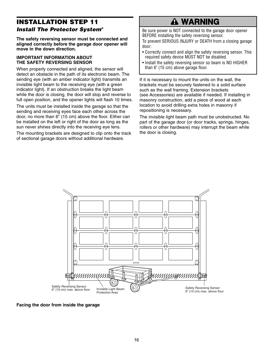 Step 11 install the protector system, Warning caution warning warning, Installation step 11 | Chamberlain 3850 User Manual | Page 16 / 40