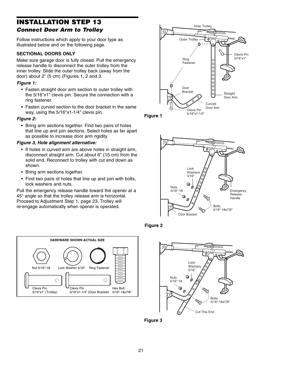 Step 13 connect door arm to trolley, Installation step 13, Connect door arm to trolley | Chamberlain 3850 User Manual | Page 21 / 40