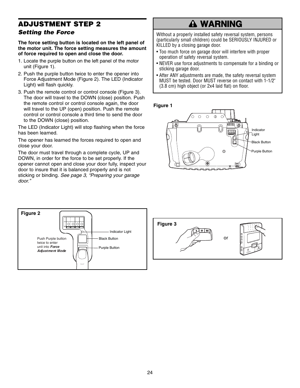 Step 2 setting the force, Warning caution warning warning, Adjustment step 2 | Setting the force | Chamberlain 3850 User Manual | Page 24 / 40