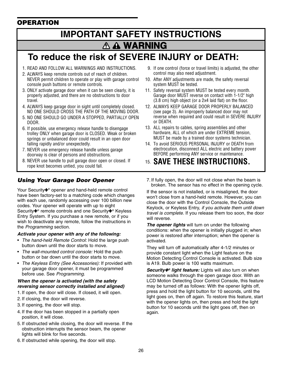 Operation, Using your garage door opener, Important safety instructions | Save these instructions | Chamberlain 3850 User Manual | Page 26 / 40