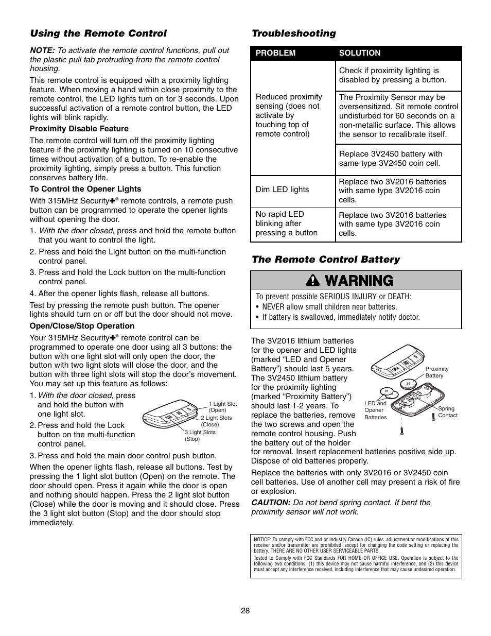 Using the remote control, Troubleshooting, The remote control battery | Warning caution warning warning | Chamberlain 3850 User Manual | Page 28 / 40