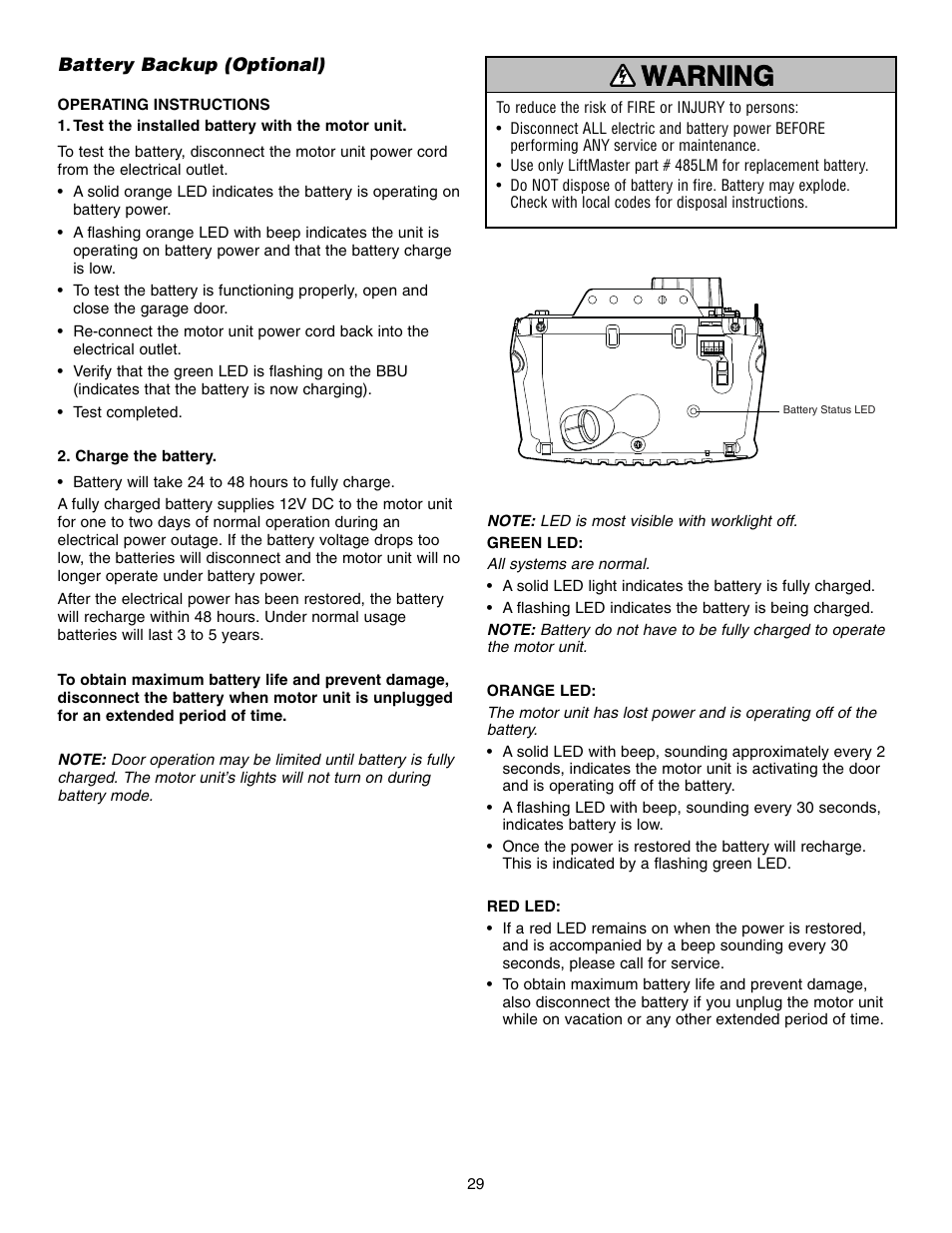 Battery backup (optional), Warning caution warning warning | Chamberlain 3850 User Manual | Page 29 / 40