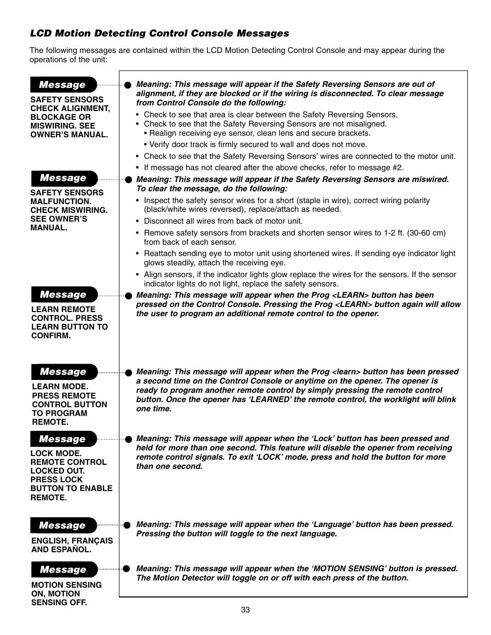 Lcd motion detecting control console messages | Chamberlain 3850 User Manual | Page 33 / 40