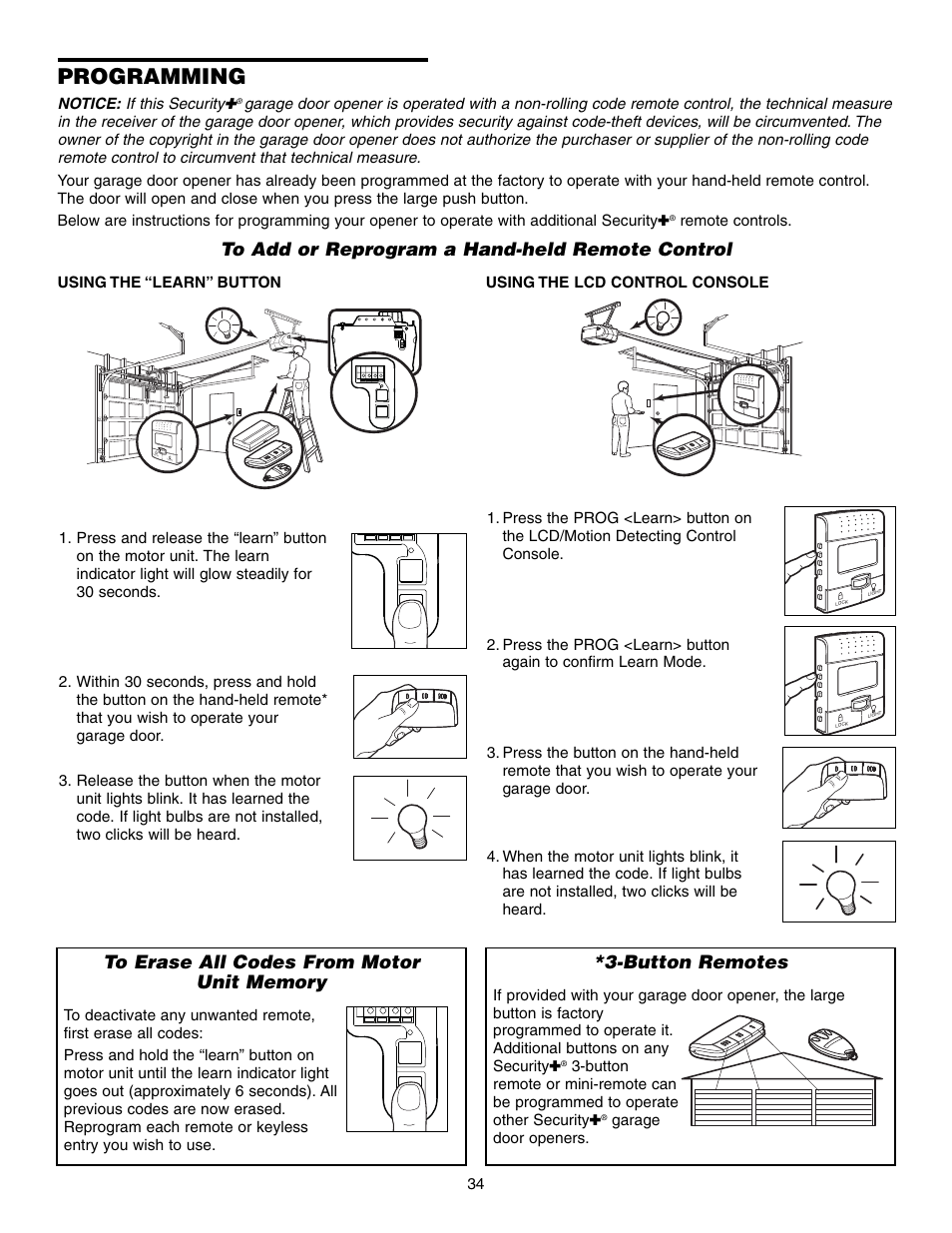 Programming, To add or reprogram a hand-held remote control, To erase all codes from motor unit memory | Button remotes | Chamberlain 3850 User Manual | Page 34 / 40