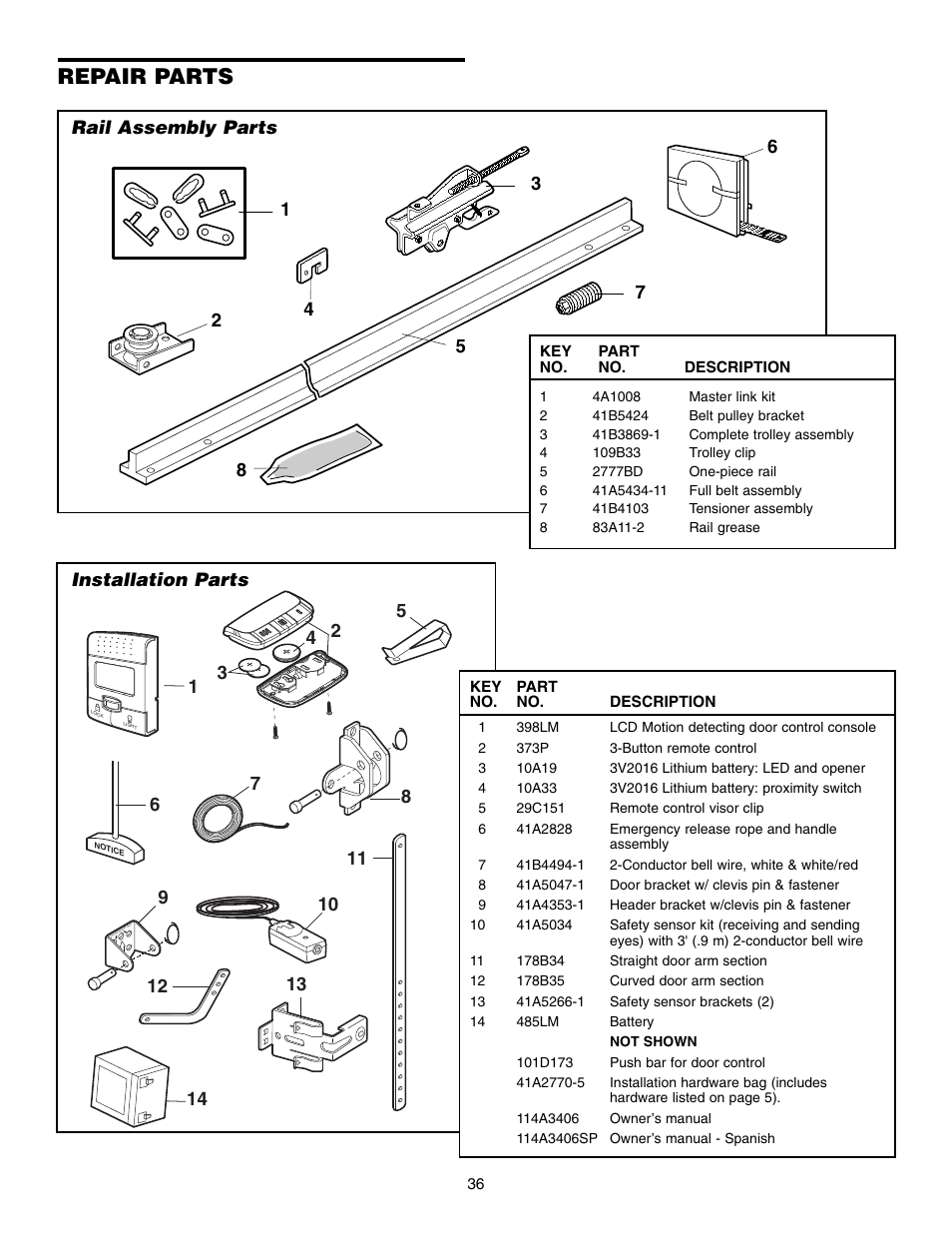 Repair parts, Rail assembly parts, Installation parts | 34 2 installation parts | Chamberlain 3850 User Manual | Page 36 / 40