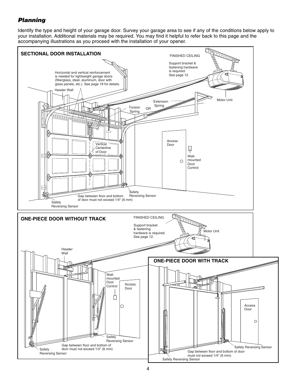 Planning, One-piece door without track, One-piece door with track | Chamberlain 3850 User Manual | Page 4 / 40