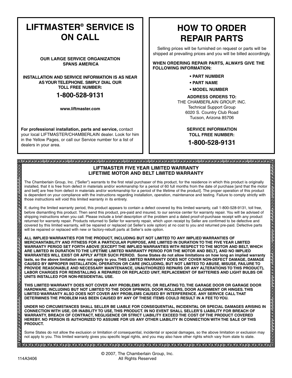 Liftmaster® service is on call, How to order repair parts, Warranty | Liftmaster, Service is on call | Chamberlain 3850 User Manual | Page 40 / 40