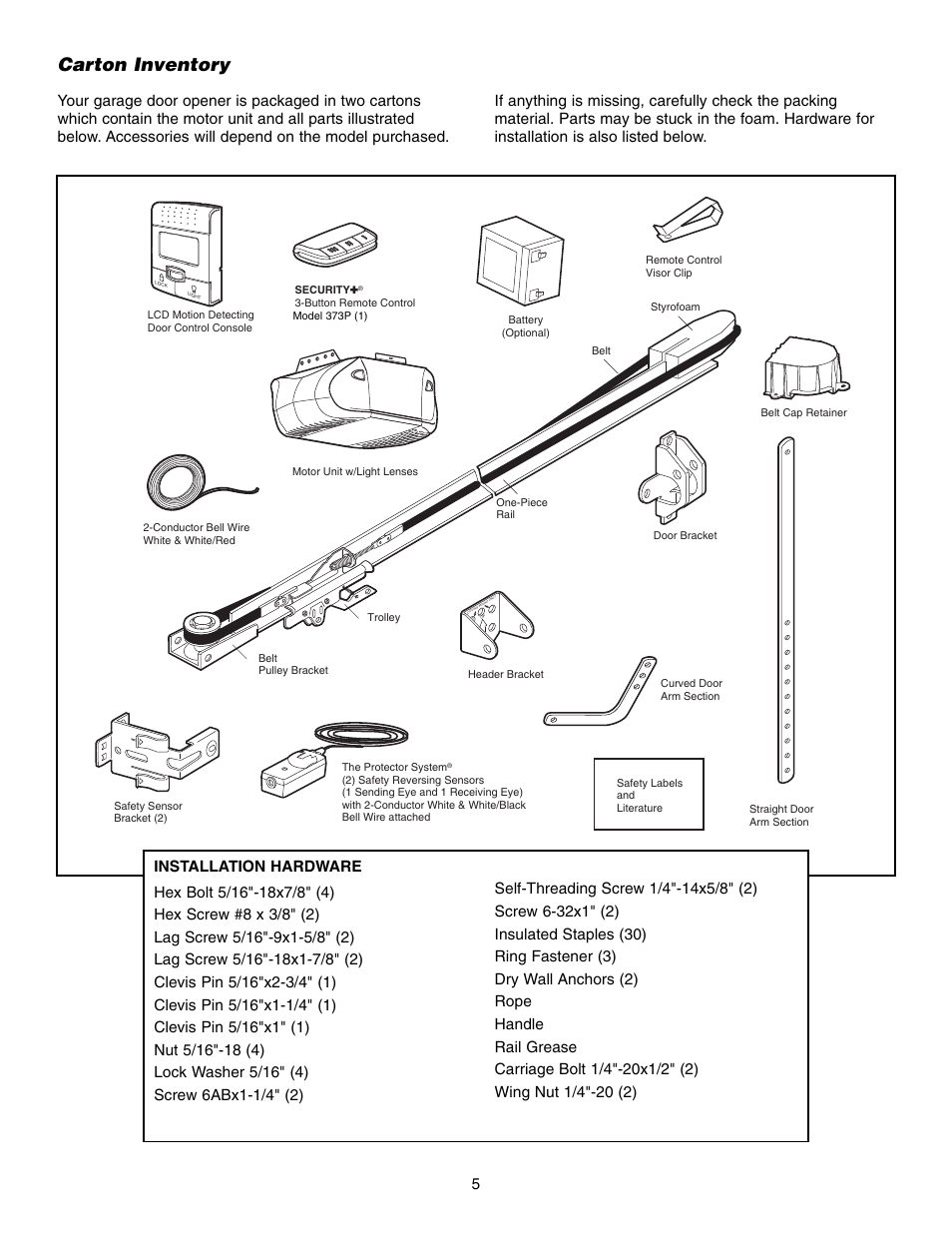 Carton inventory, Installation hardware | Chamberlain 3850 User Manual | Page 5 / 40