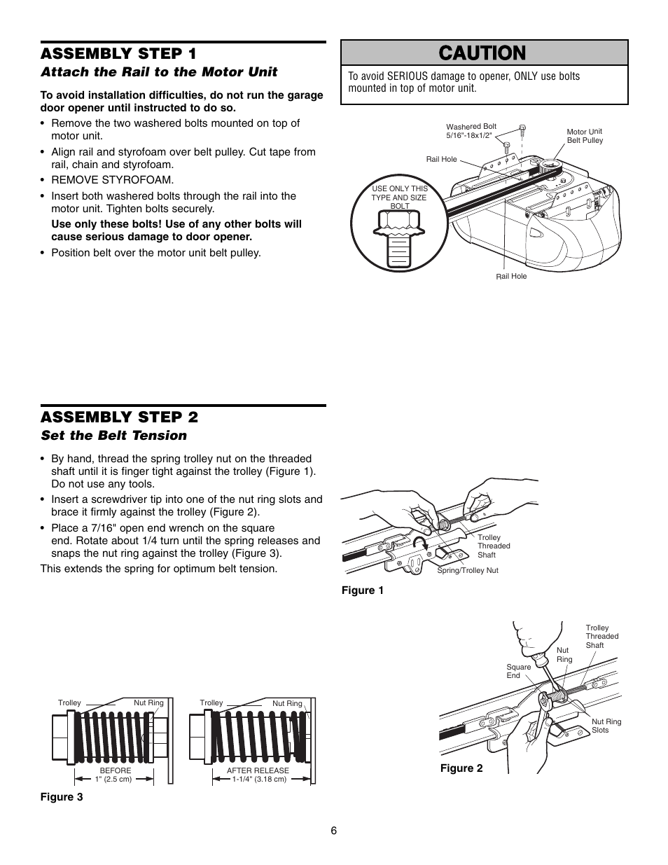 Assembly, Step 1 attach the rail to the motor unit, Step 2 set the belt tension | Warning caution warning warning, Assembly step 1, Assembly step 2, Attach the rail to the motor unit, Set the belt tension | Chamberlain 3850 User Manual | Page 6 / 40