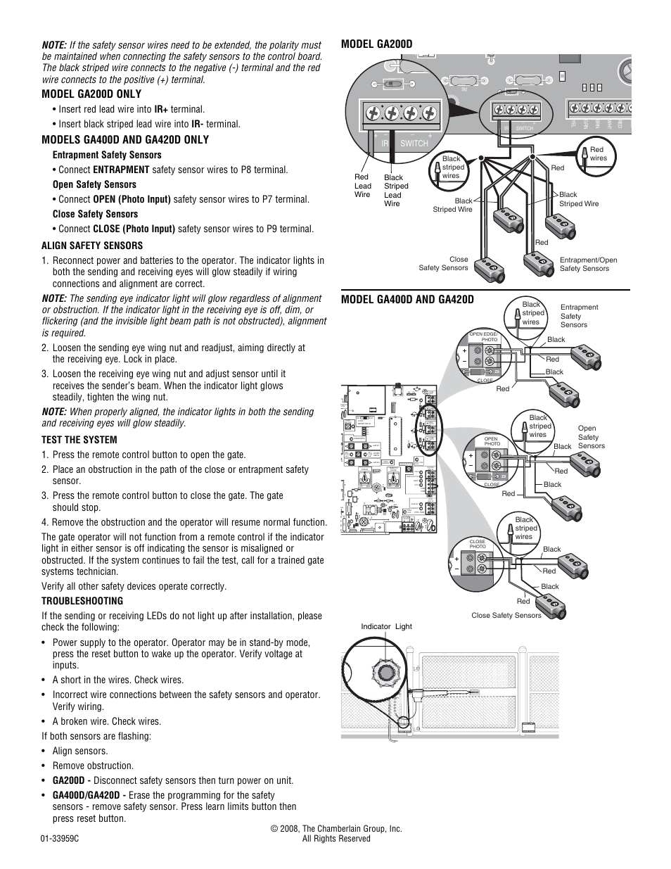 Align safety sensors, Test the system, Model ga200d only | R93 l1 k2, J2 ø | Chamberlain THE PROTECTOR SYSTEM 916GA User Manual | Page 4 / 4