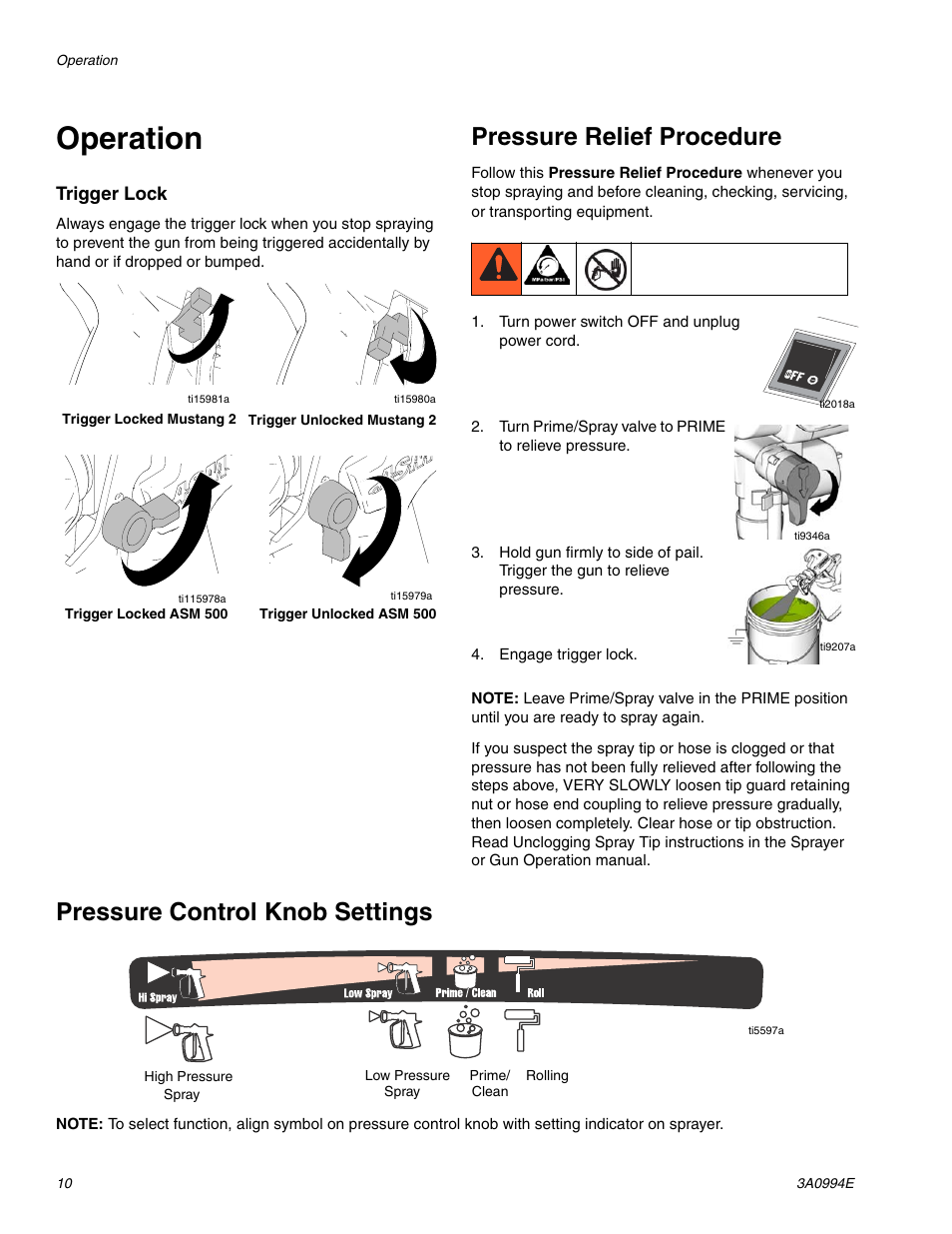 Operation, Pressure relief procedure, Pressure control knob settings | AIRLESSCO SP200 User Manual | Page 10 / 34