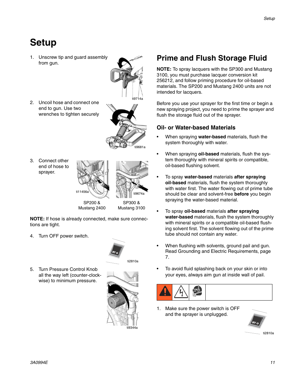 Setup, Prime and flush storage fluid | AIRLESSCO SP200 User Manual | Page 11 / 34