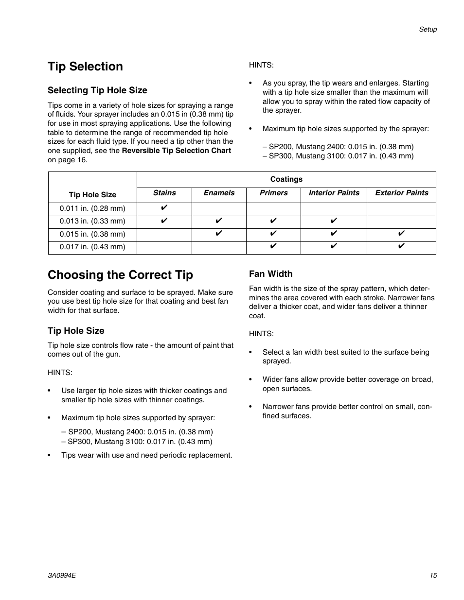 Tip selection, Choosing the correct tip | AIRLESSCO SP200 User Manual | Page 15 / 34