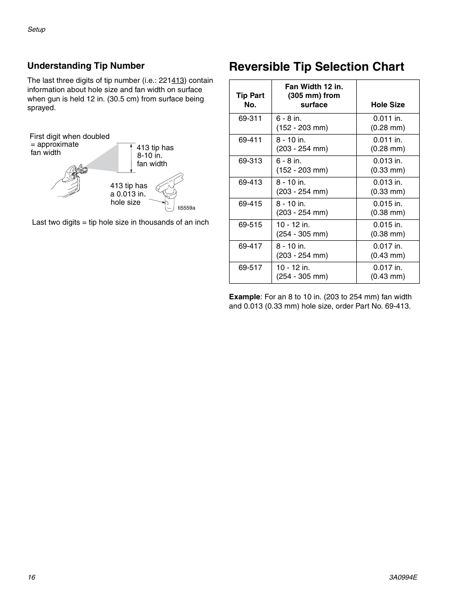 Reversible tip selection chart | AIRLESSCO SP200 User Manual | Page 16 / 34