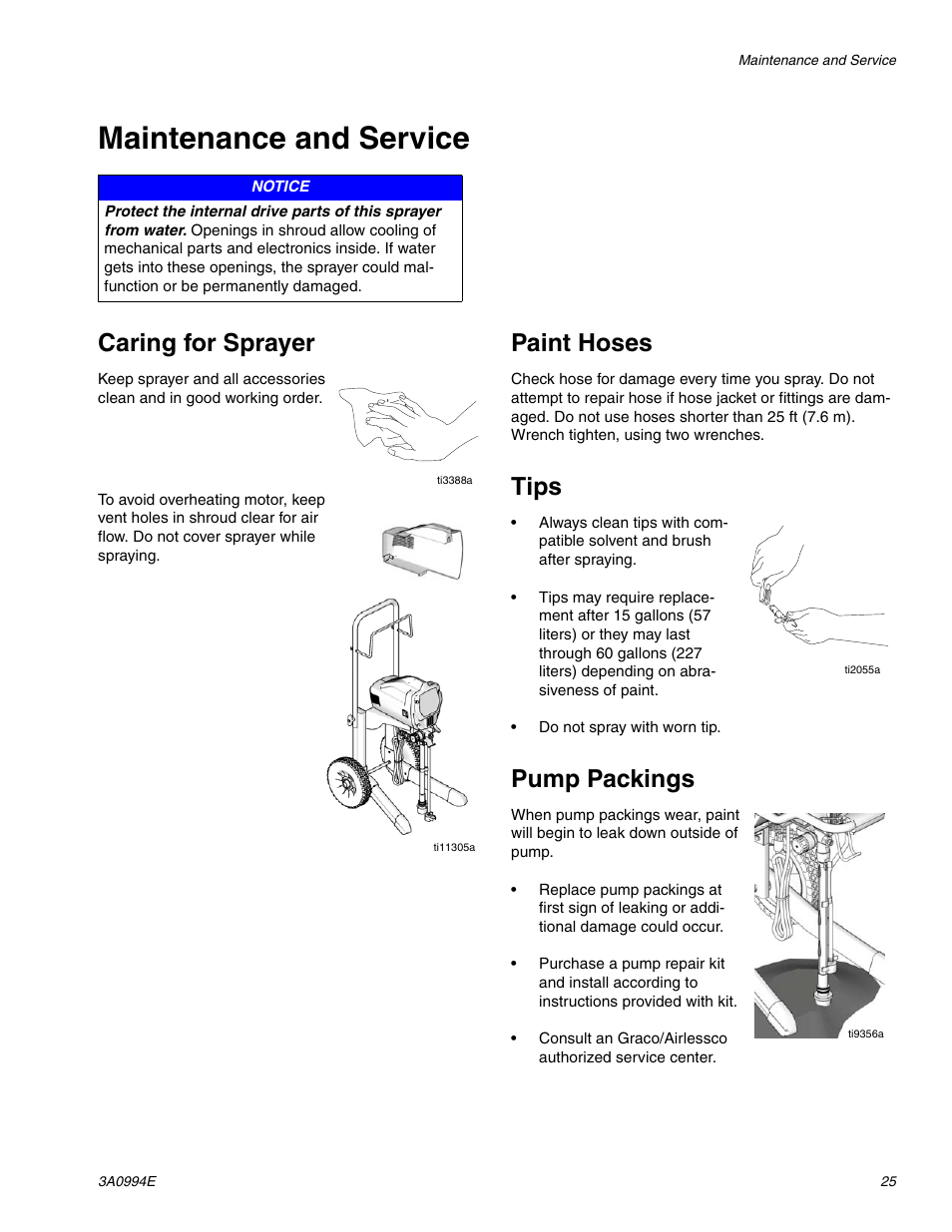 Maintenance and service, Caring for sprayer, Paint hoses | Tips, Pump packings | AIRLESSCO SP200 User Manual | Page 25 / 34