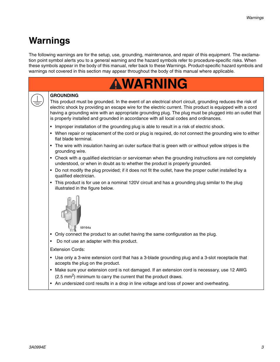 Warnings, Warning | AIRLESSCO SP200 User Manual | Page 3 / 34