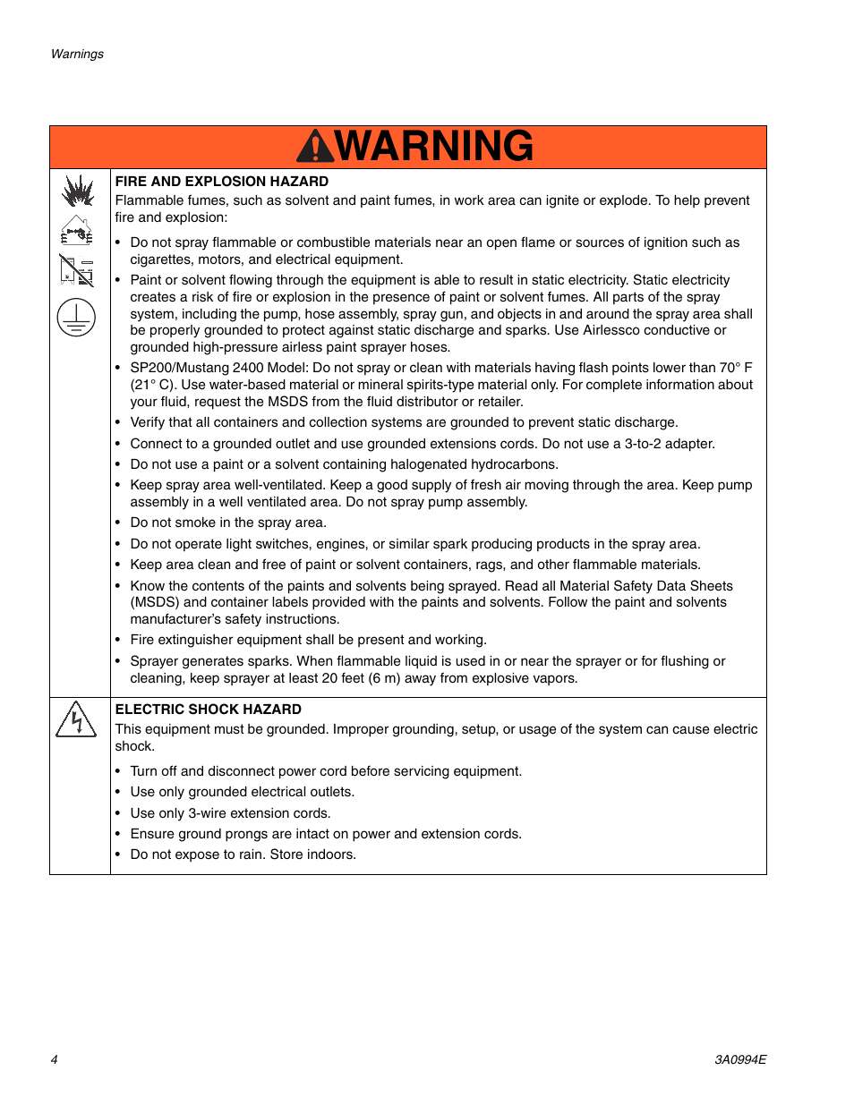 Warning | AIRLESSCO SP200 User Manual | Page 4 / 34