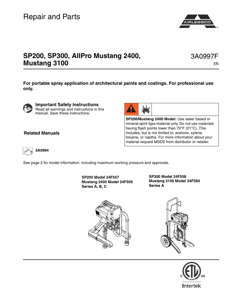 AIRLESSCO SP200 User Manual | 38 pages