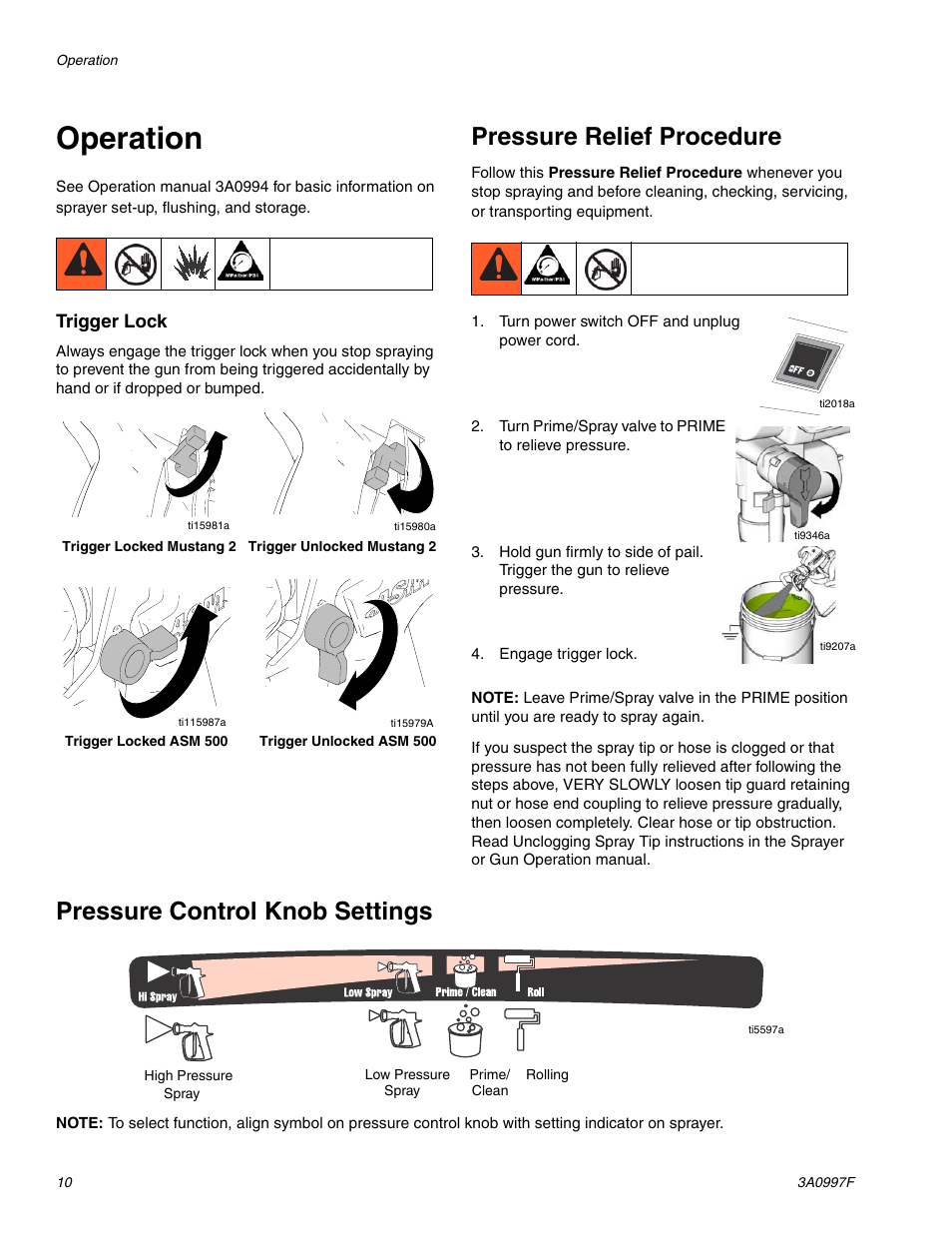 Operation, Pressure relief procedure, Pressure control knob settings | AIRLESSCO SP200 User Manual | Page 10 / 38