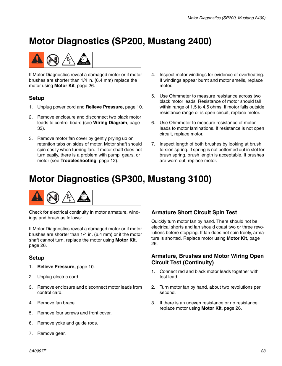 Motor diagnostics (sp200, mustang 2400), Motor diagnostics (sp300, mustang 3100) | AIRLESSCO SP200 User Manual | Page 23 / 38
