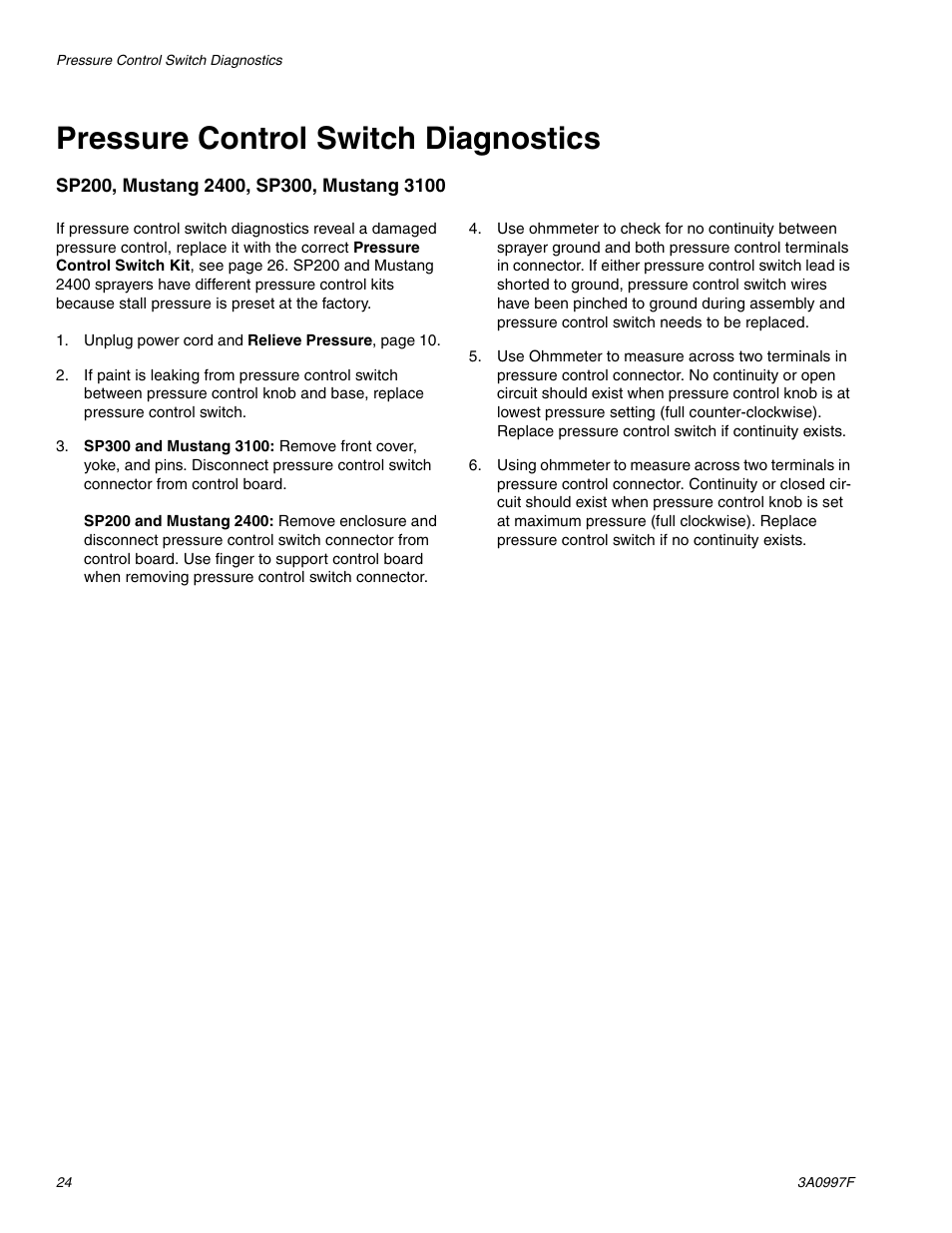 Pressure control switch diagnostics | AIRLESSCO SP200 User Manual | Page 24 / 38