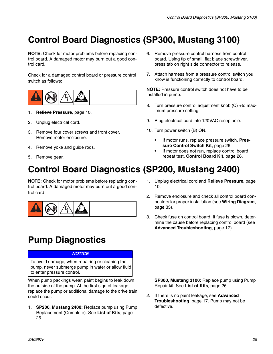 Control board diagnostics (sp300, mustang 3100), Control board diagnostics (sp200, mustang 2400), Pump diagnostics | AIRLESSCO SP200 User Manual | Page 25 / 38