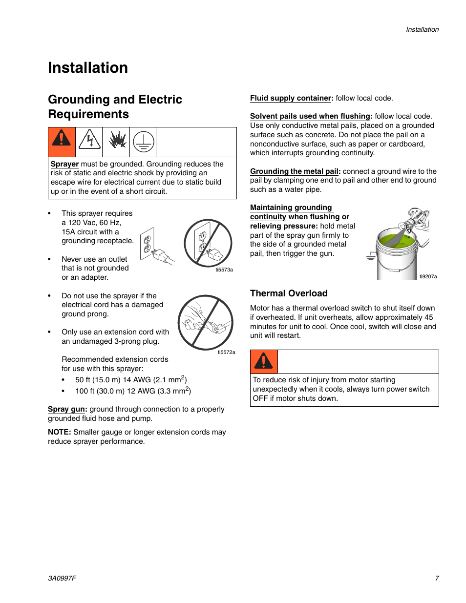 Installation, Grounding and electric requirements | AIRLESSCO SP200 User Manual | Page 7 / 38