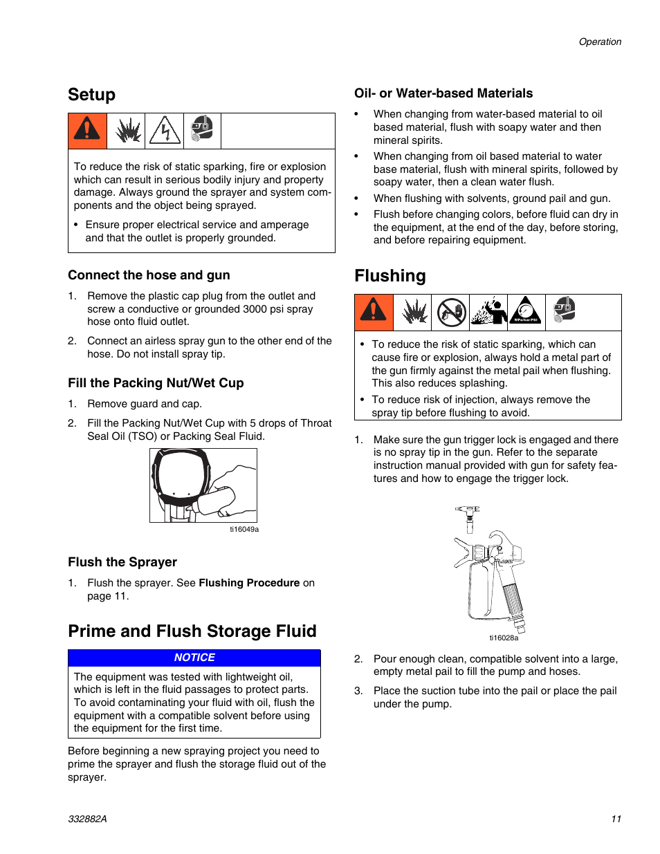 Setup, Prime and flush storage fluid, Flushing | AIRLESSCO MP400 User Manual | Page 11 / 32