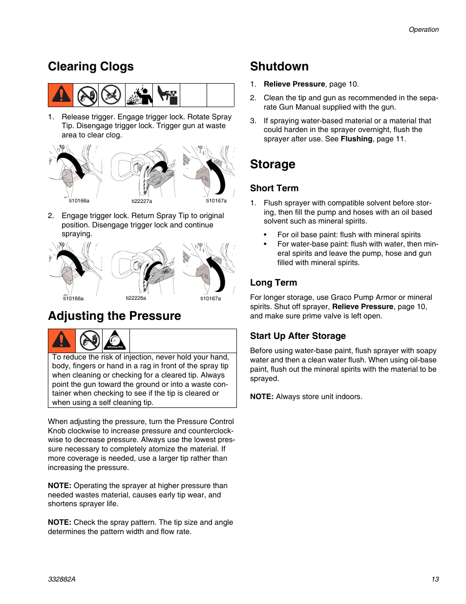 Clearing clogs, Adjusting the pressure, Shutdown | Storage | AIRLESSCO MP400 User Manual | Page 13 / 32