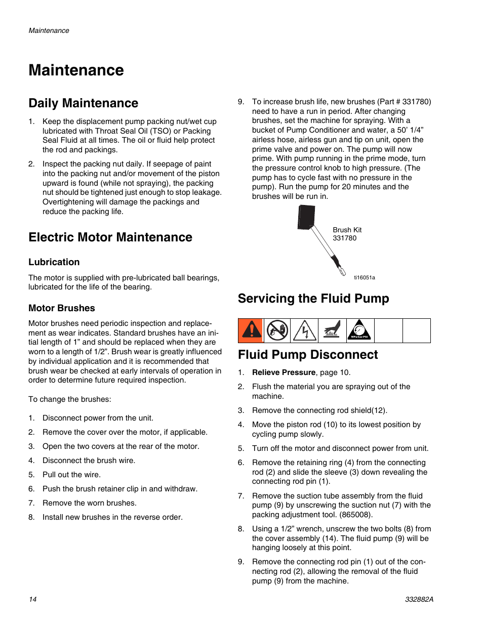 Maintenance, Daily maintenance, Electric motor maintenance | Servicing the fluid pump, Fluid pump disconnect, Servicing the fluid pump fluid pump disconnect | AIRLESSCO MP400 User Manual | Page 14 / 32