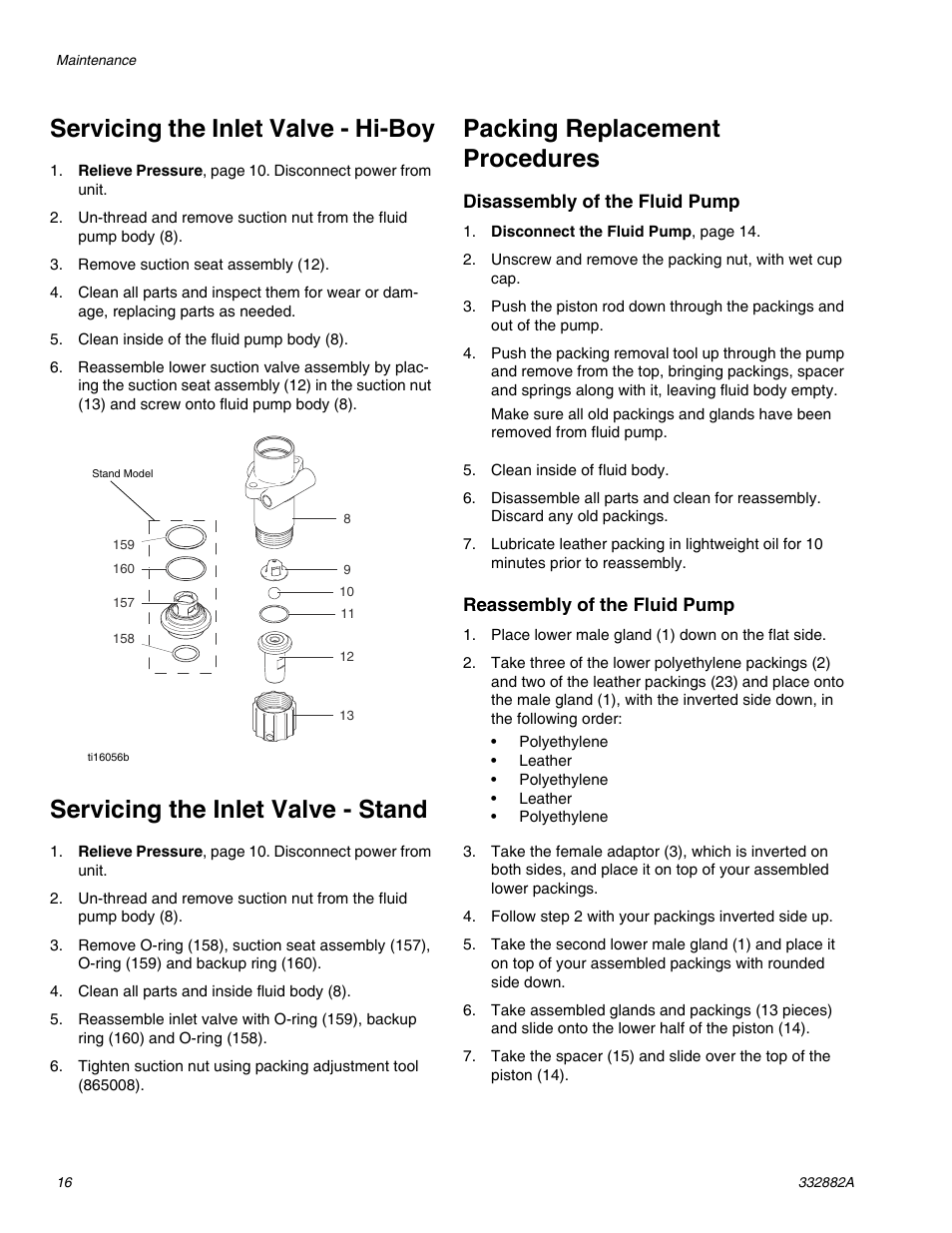 Servicing the inlet valve - hi-boy, Servicing the inlet valve - stand, Packing replacement procedures | AIRLESSCO MP400 User Manual | Page 16 / 32