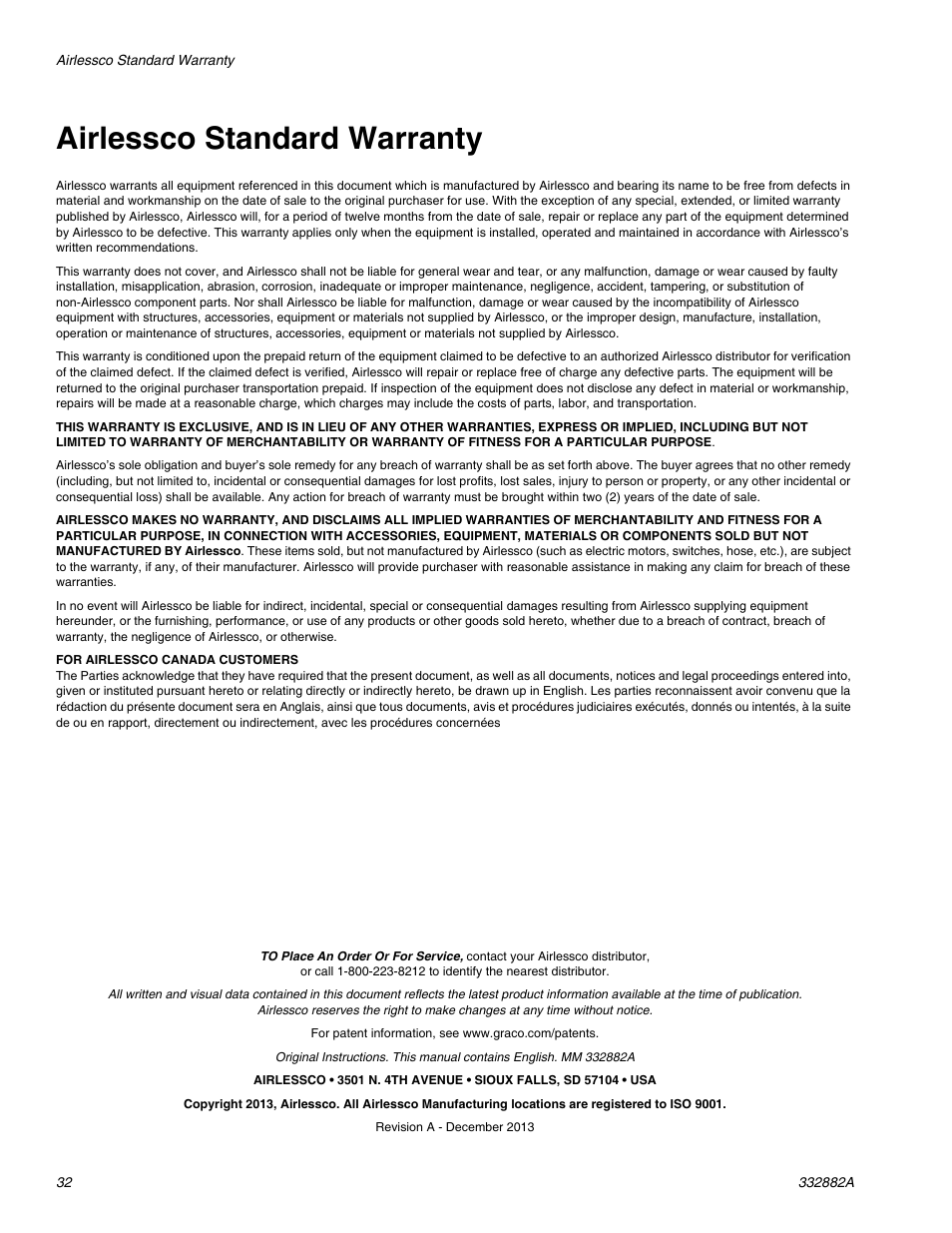 Airlessco standard warranty | AIRLESSCO MP400 User Manual | Page 32 / 32