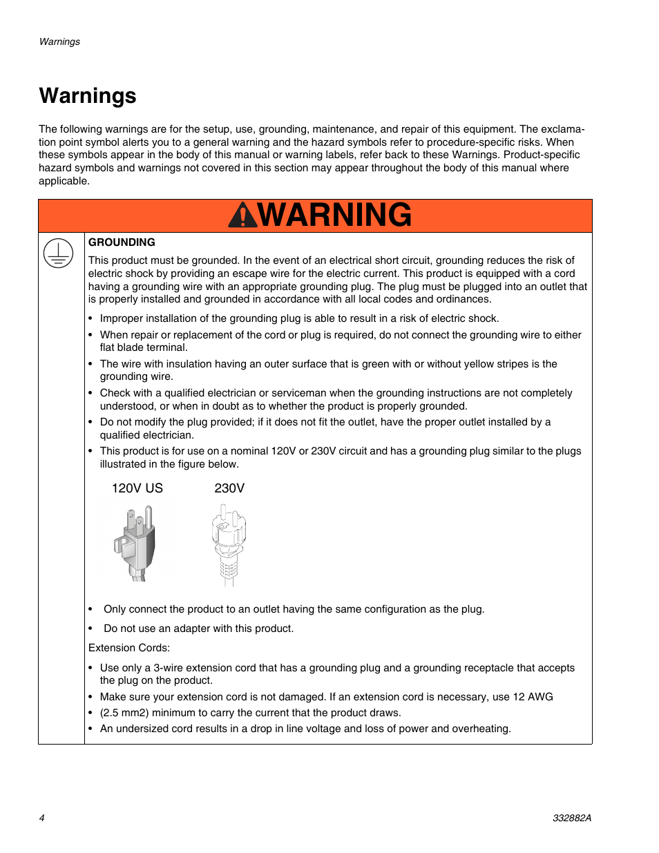 Warnings, Warning | AIRLESSCO MP400 User Manual | Page 4 / 32