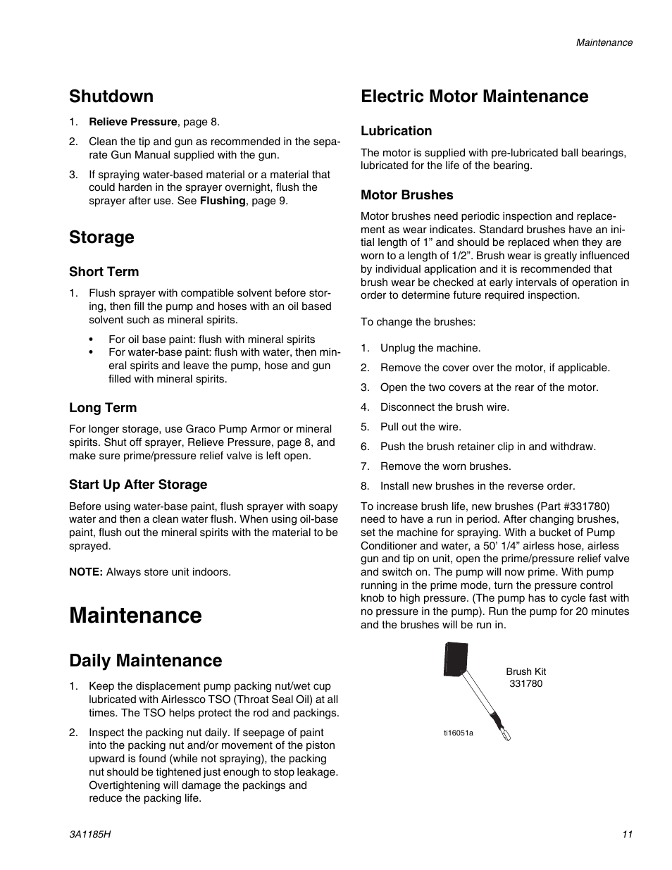 Shutdown, Storage, Maintenance | Daily maintenance, Electric motor maintenance | AIRLESSCO LP500 User Manual | Page 11 / 34